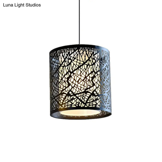Modern Iron Drum Pendant Light With Etched Design - Black Shade