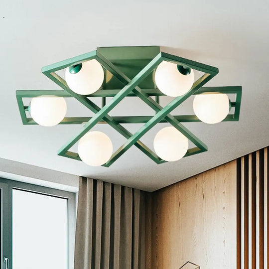 Modern Iron Semi Flush Ceiling Lamp With Globe White Glass Shade - Green 3/4/6 - Head Macaron