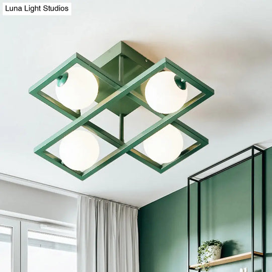Modern Iron Semi Flush Ceiling Lamp With Globe White Glass Shade - Green 3/4/6 - Head Macaron Design