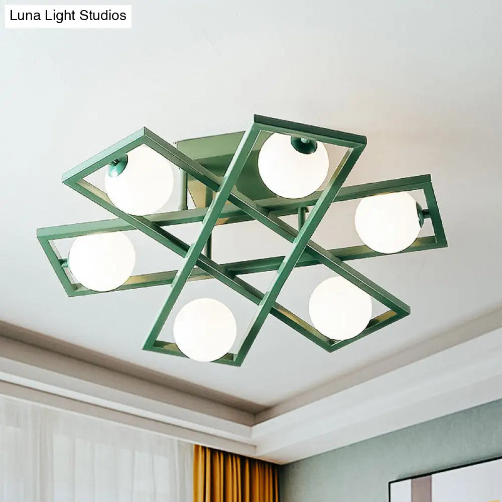 Modern Iron Semi Flush Ceiling Lamp With Globe White Glass Shade - Green 3/4/6 - Head Macaron Design