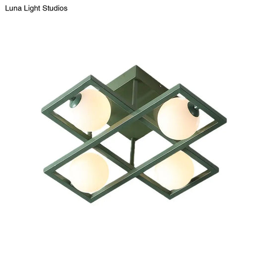 Modern Iron Semi Flush Ceiling Lamp With Globe White Glass Shade - Green 3/4/6 - Head Macaron Design