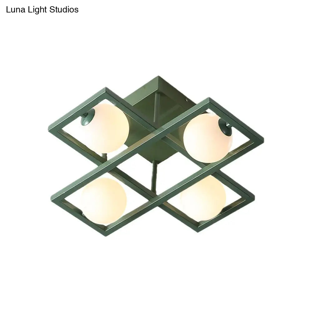 Modern Iron Semi Flush Ceiling Lamp With Globe White Glass Shade - Green 3/4/6-Head Macaron Design
