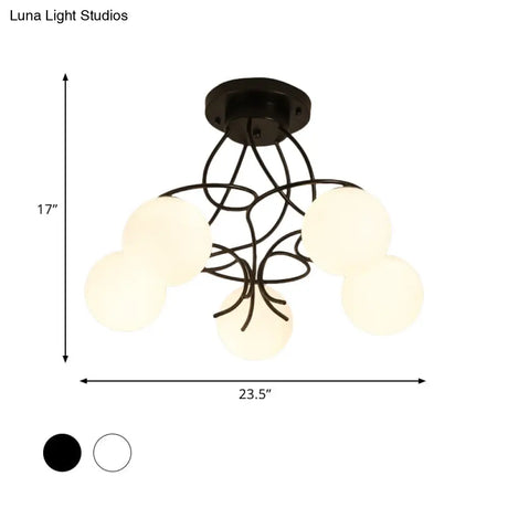 Modern Iron Swirling Semi Flush Ceiling Light With Opal Glass Shade - 5 Heads Black/White Finish