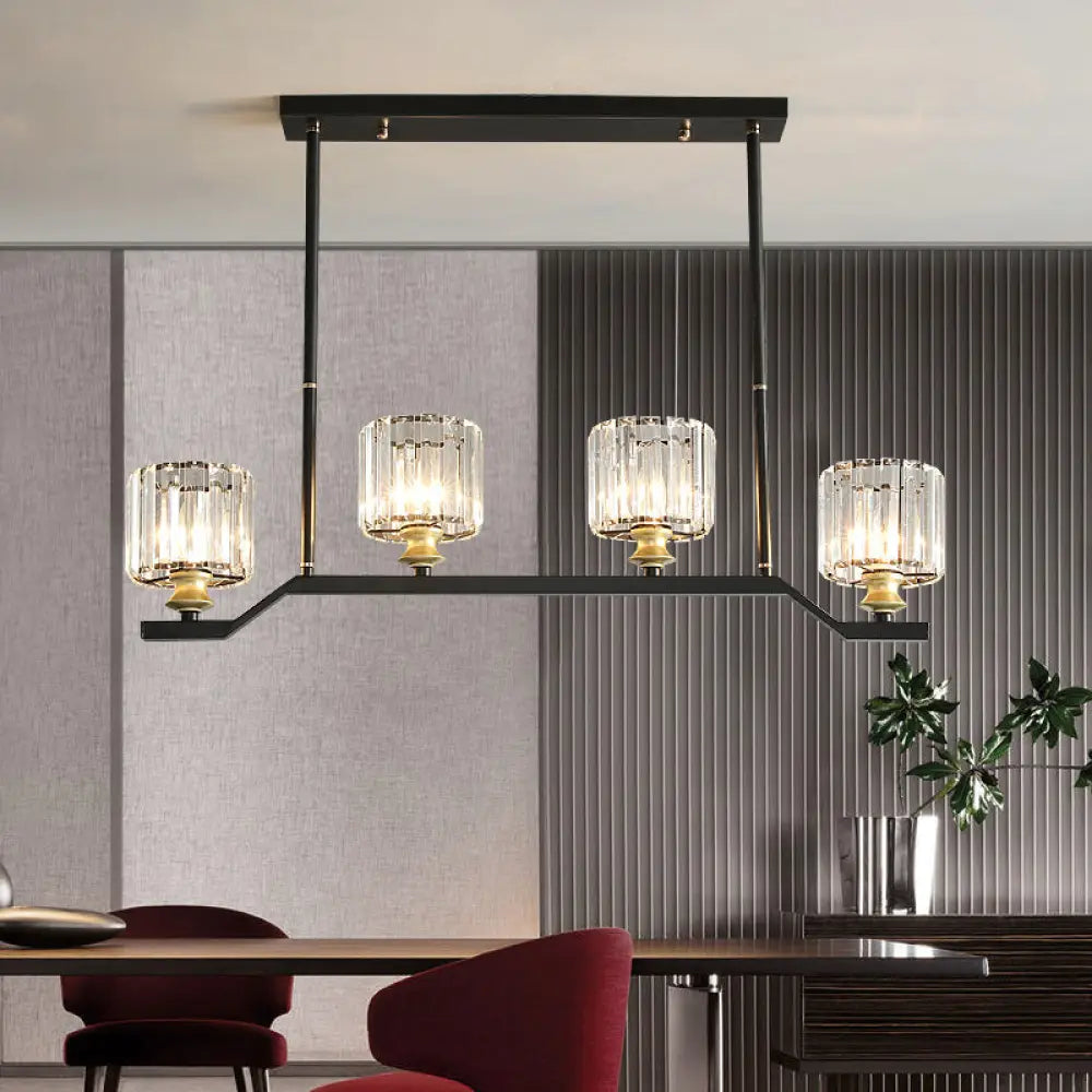 Modern Island Pendant Light With Black Clear Crystal Cylinder - 3/4 Lights For Indoor 3 /