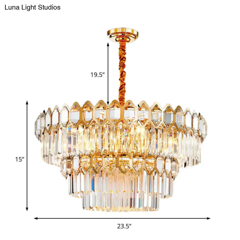 Modern Layered Chandelier With Clear Crystal Prism 8-Light Gold Hanging Fixture