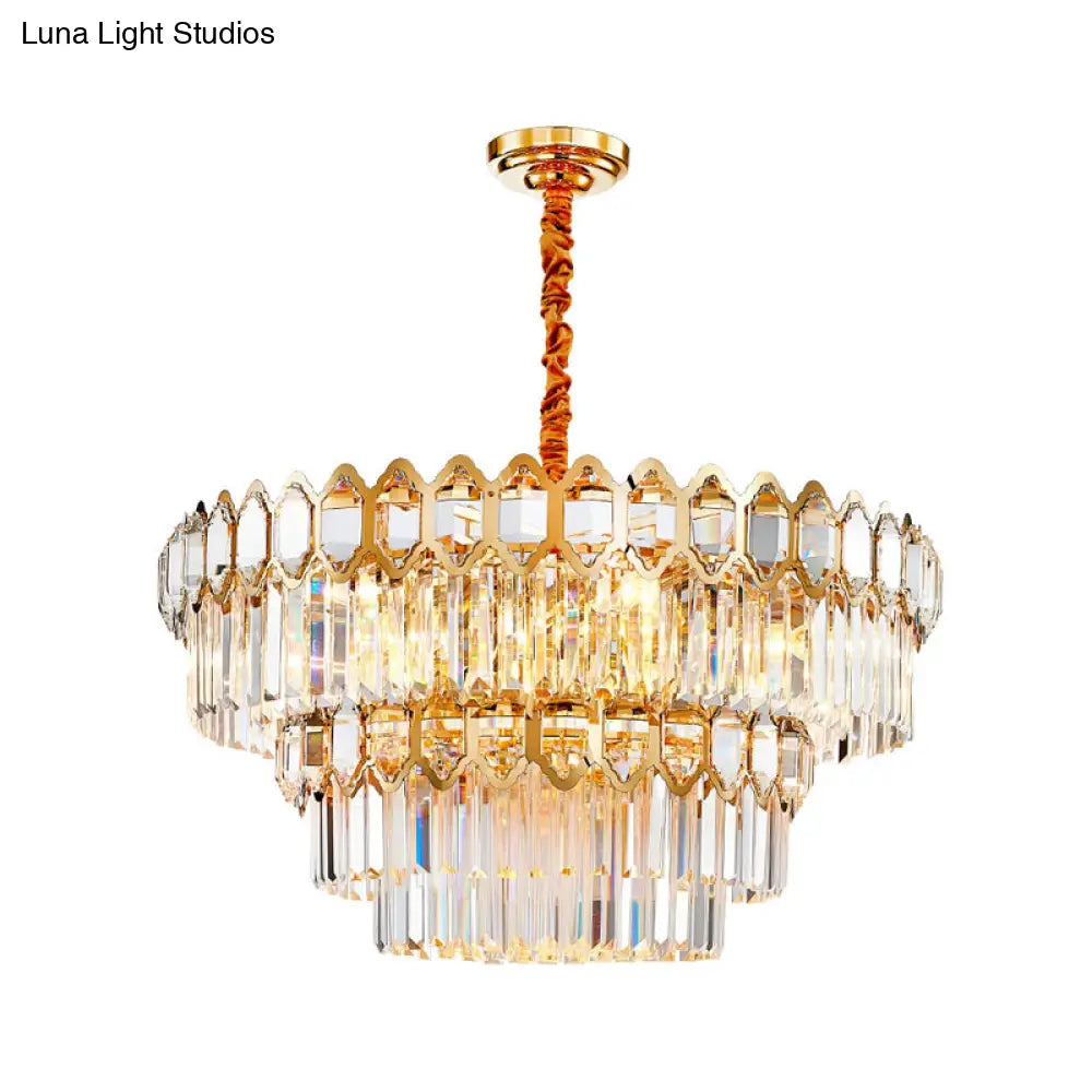 Modern Layered Chandelier With Clear Crystal Prism 8-Light Gold Hanging Fixture