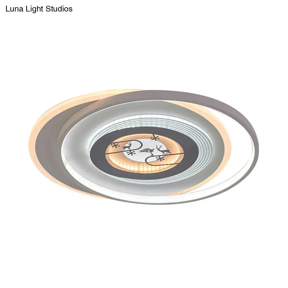 Modern Led Acrylic Flushmount Light Fixture - White Circular With Deer And Tree Pattern