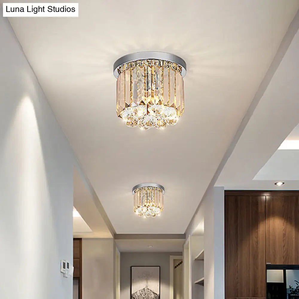 Modern Led Chrome Flush Mount Ceiling Lamp - Crystal Cylinder Light Fixture (8’/12’ Dia)