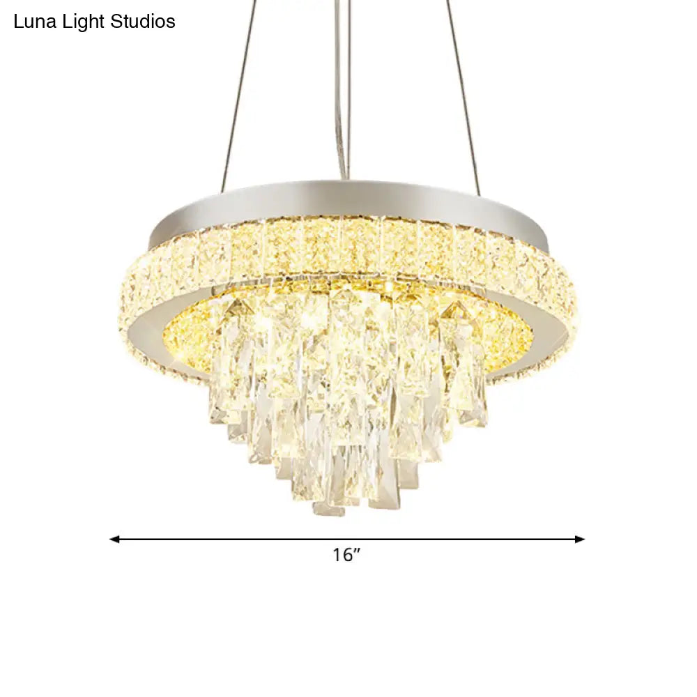 Modern Led Crystal Ceiling Light Fixture With Cascading Facets In Chrome Hoop Design