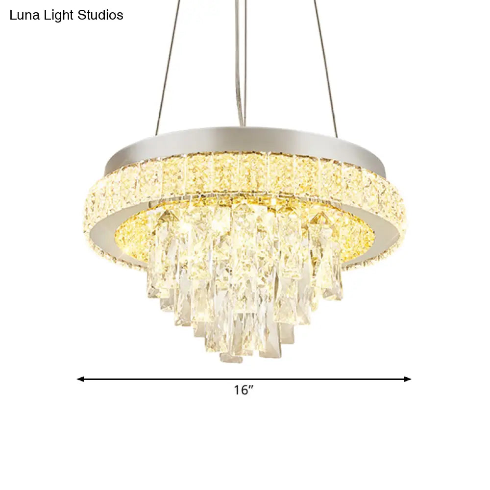 Modern Led Crystal Ceiling Light Fixture With Cascading Facets In Chrome Hoop Design