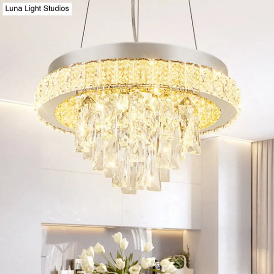 Modern Led Crystal Ceiling Light Fixture With Cascading Facets In Chrome Hoop Design
