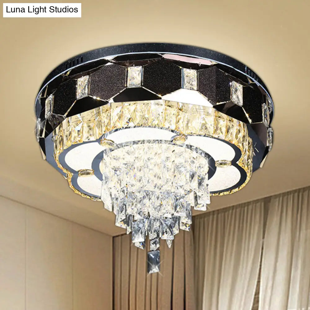 Modern Led Crystal Ceiling Light With Stainless Steel Finish And Floral Accent Stainless-Steel