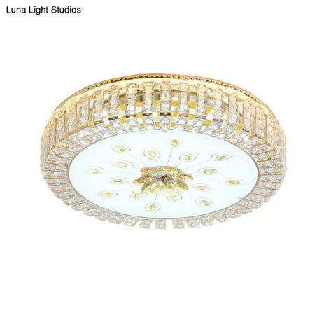 Modern Led Crystal Drum Ceiling Lamp With Flush Mount In Gold Finish For Bedrooms