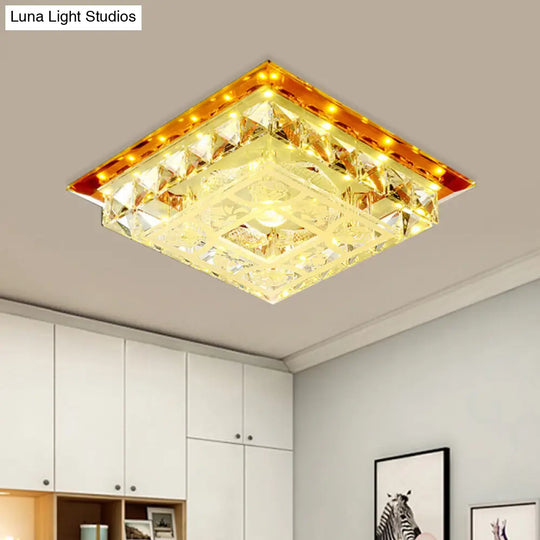 Modern Led Crystal Flush Ceiling Light Fixture In Tan - Square Block Design With Warm/White/Natural