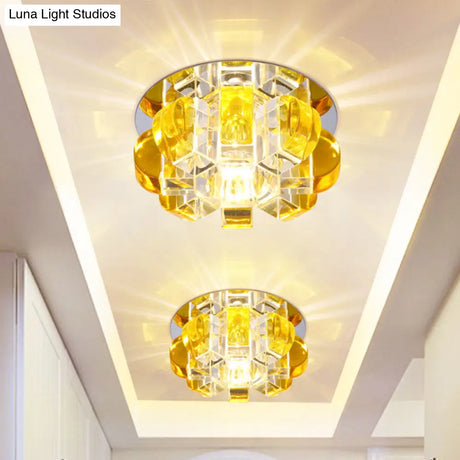 Modern Led Crystal Flush Mount Ceiling Light Fixture - Sleek Yellow Floral Design For Corridors