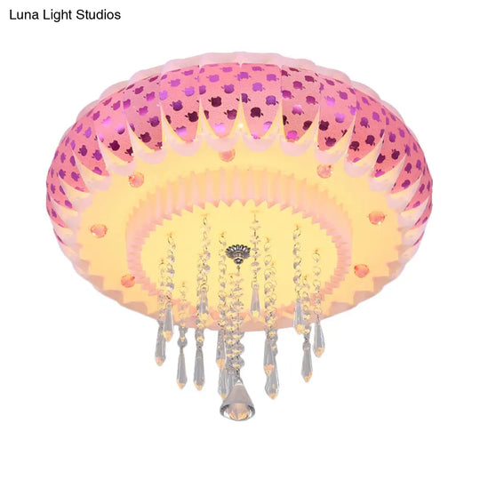Modern Led Crystal Flush Mount Ceiling Light With Pink Drum Shade Perfect For Living Rooms