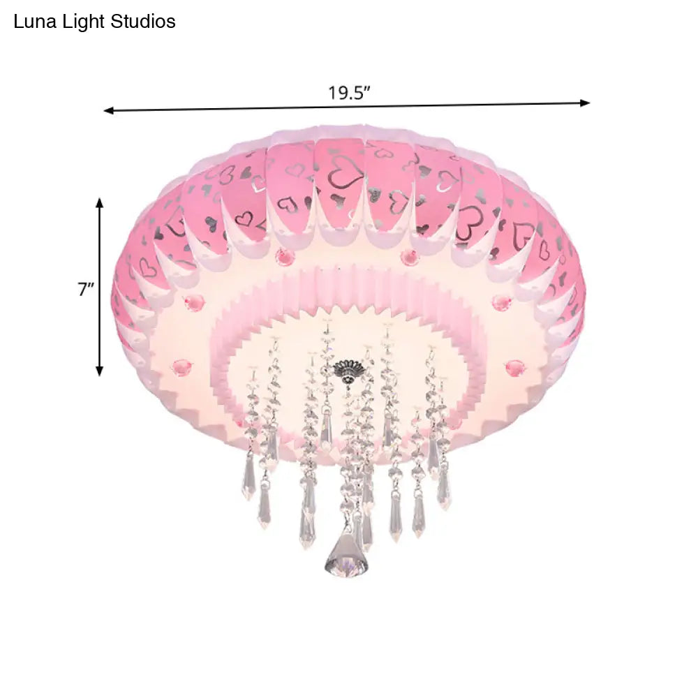 Modern Led Crystal Flush Mount Ceiling Light With Pink Drum Shade Perfect For Living Rooms