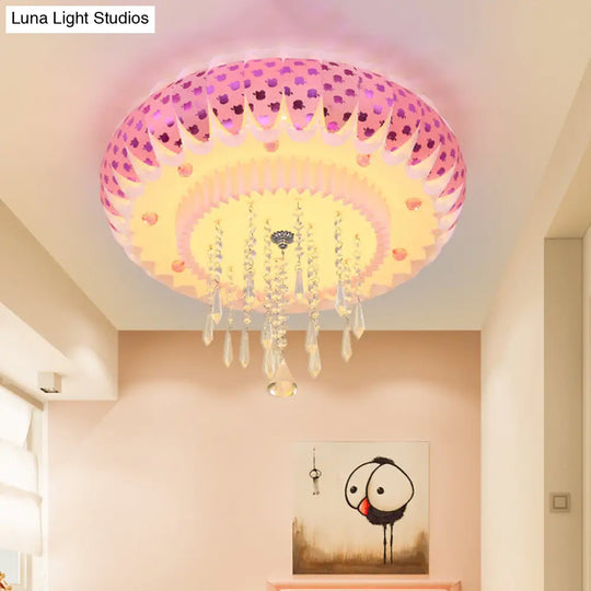 Modern Led Crystal Flush Mount Ceiling Light With Pink Drum Shade Perfect For Living Rooms