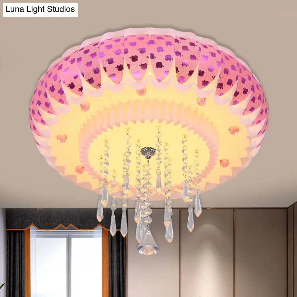 Modern Led Crystal Flush Mount Ceiling Light With Pink Drum Shade Perfect For Living Rooms / A