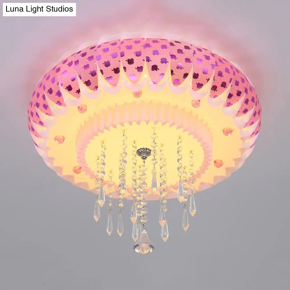 Modern Led Crystal Flush Mount Ceiling Light With Pink Drum Shade Perfect For Living Rooms