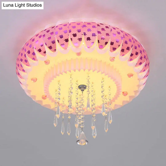Modern Led Crystal Flush Mount Ceiling Light With Pink Drum Shade Perfect For Living Rooms