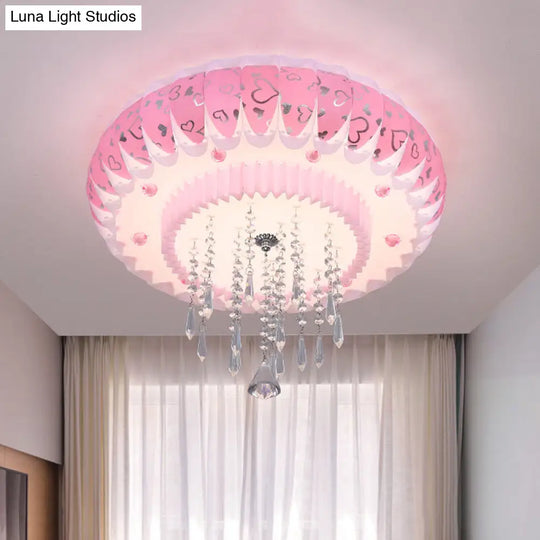 Modern Led Crystal Flush Mount Ceiling Light With Pink Drum Shade Perfect For Living Rooms / B