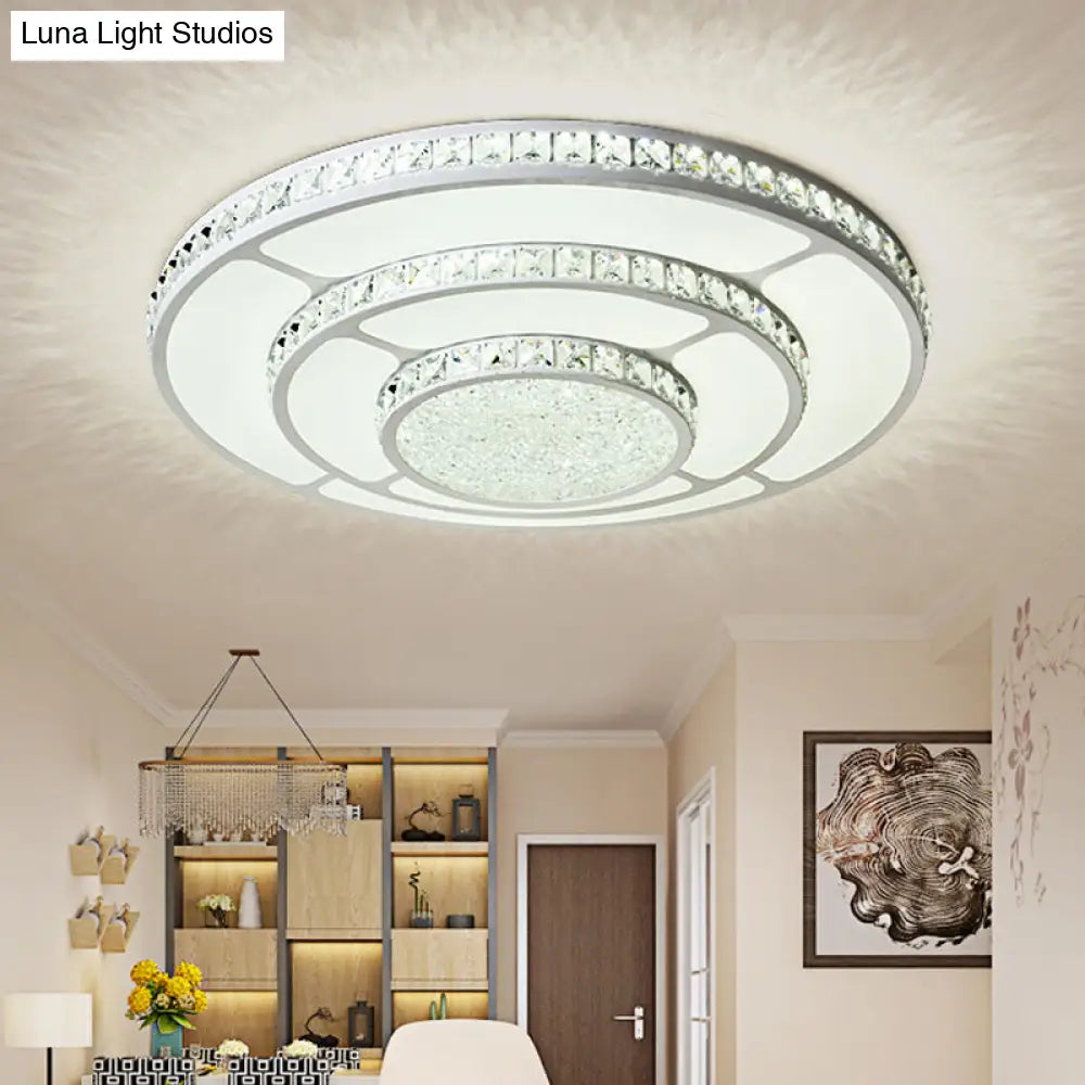 Modern Led Crystal Geometry Ceiling Lamp - White Flush Mount Light With 3-Tier Design / Medium Round