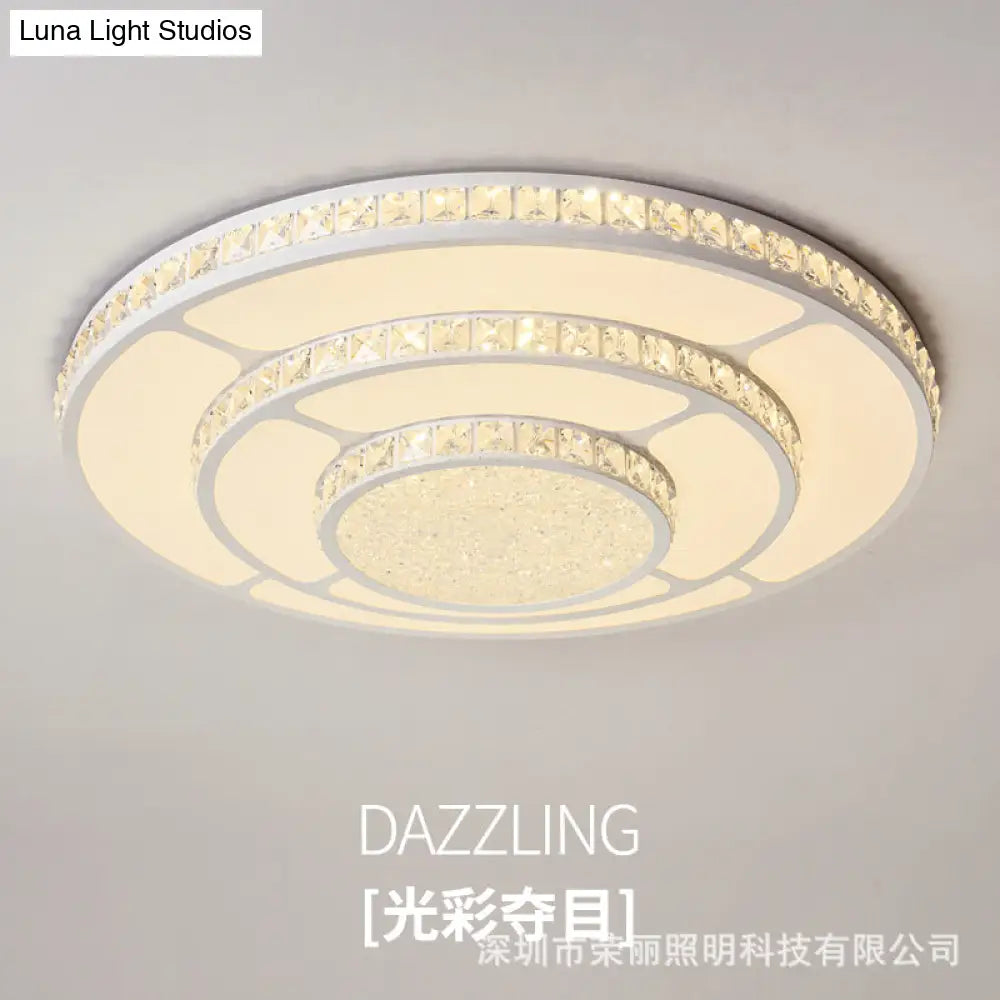 Modern Led Crystal Geometry Ceiling Lamp - White Flush Mount Light With 3 - Tier Design / Large