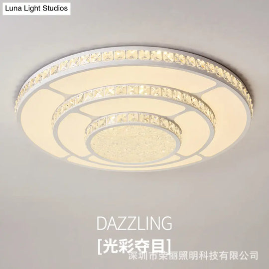 Modern Led Crystal Geometry Ceiling Lamp - White Flush Mount Light With 3 - Tier Design / Large