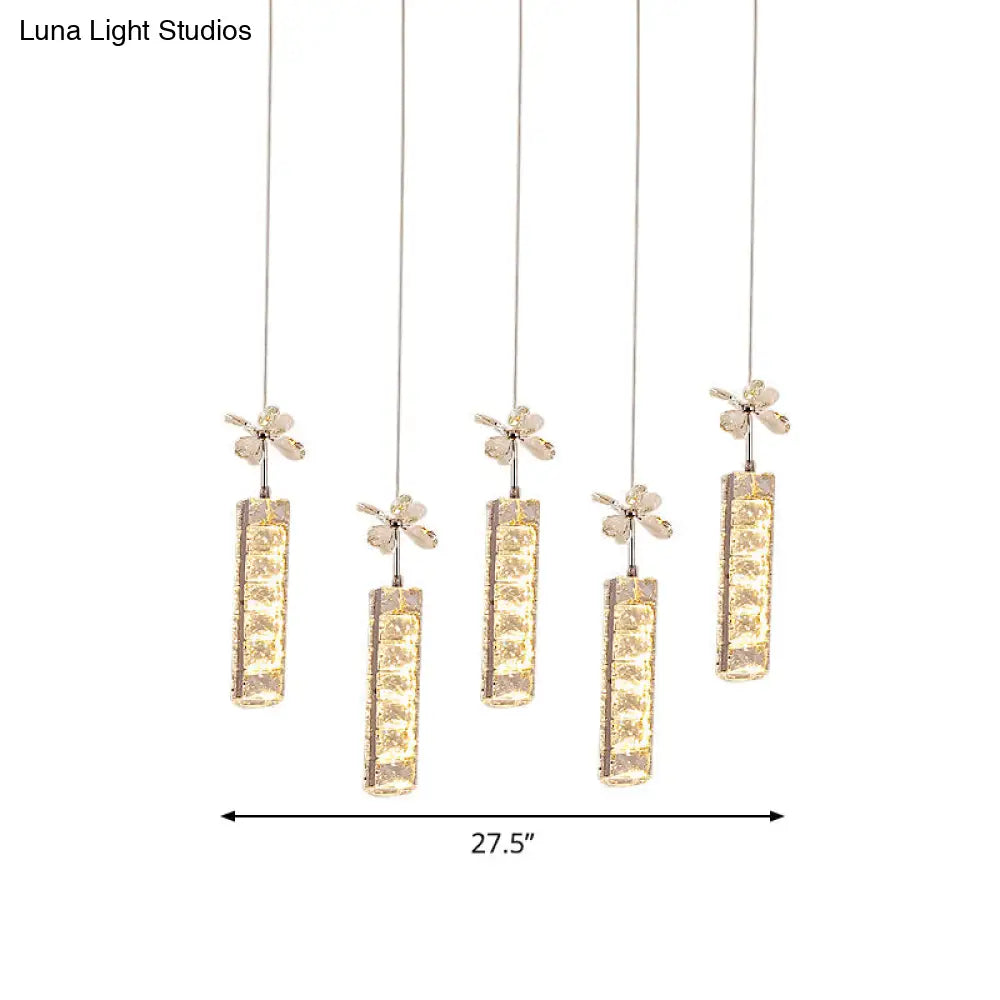 Modern Led Crystal Pendant Light With Chrome Canopy - Linear And Flower Drop Design