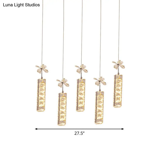 Modern Led Crystal Pendant Light With Chrome Canopy - Linear And Flower Drop Design