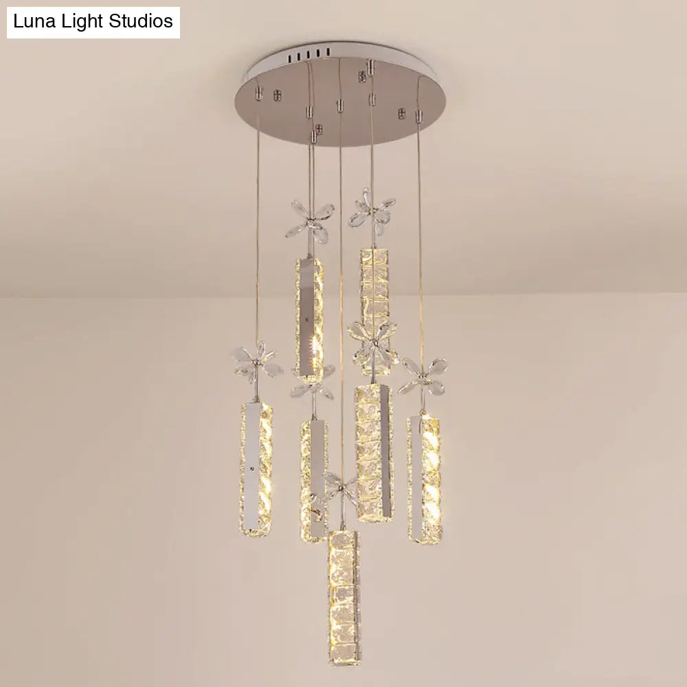 Modern Led Crystal Pendant Light With Chrome Canopy - Linear And Flower Drop Design