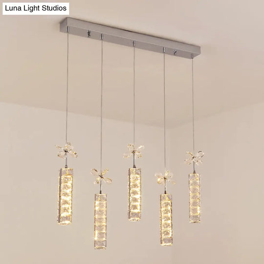 Modern Led Crystal Pendant Light With Chrome Canopy - Linear And Flower Drop Design