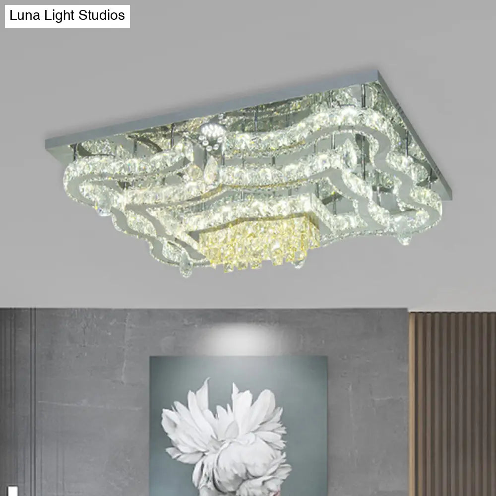 Modern Led Crystal Polished Chrome Semi Flush Ceiling Light With Tiered Scallops And Rectangle/Round