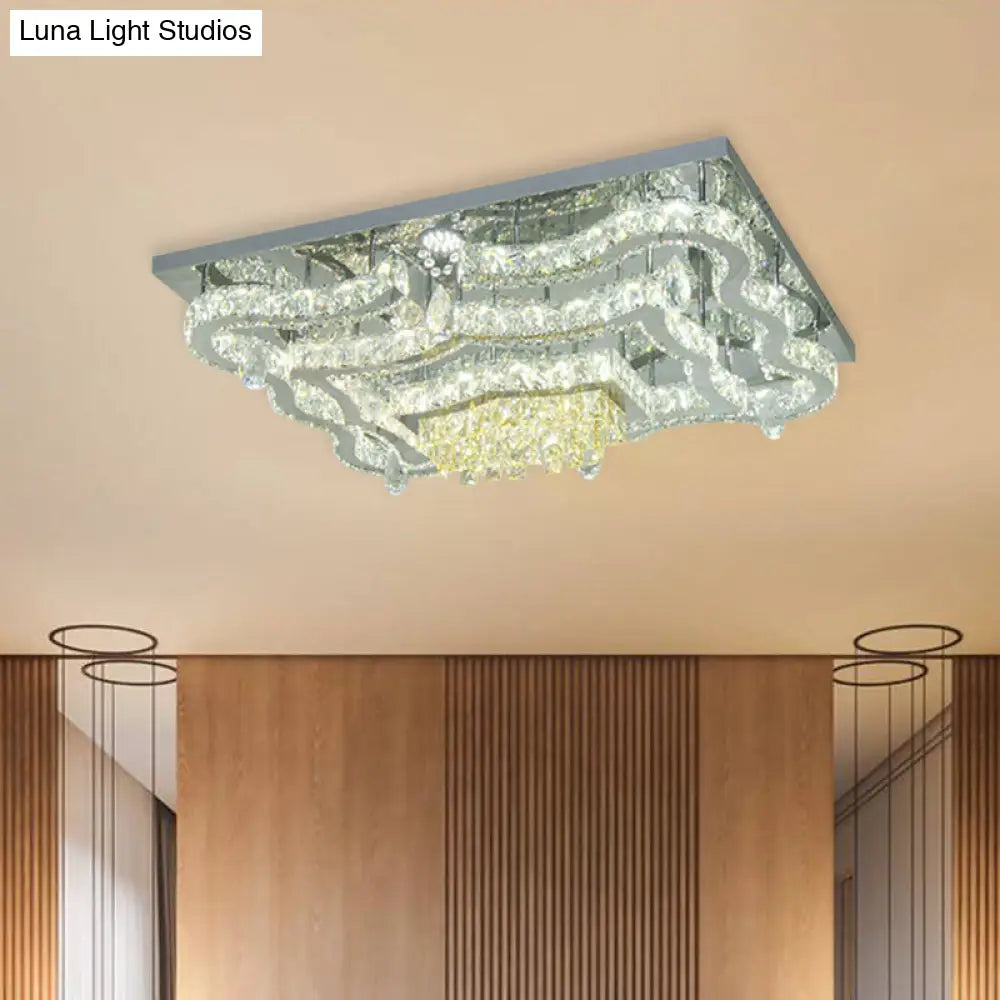 Modern Led Crystal Polished Chrome Semi Flush Ceiling Light With Tiered Scallops And Rectangle/Round