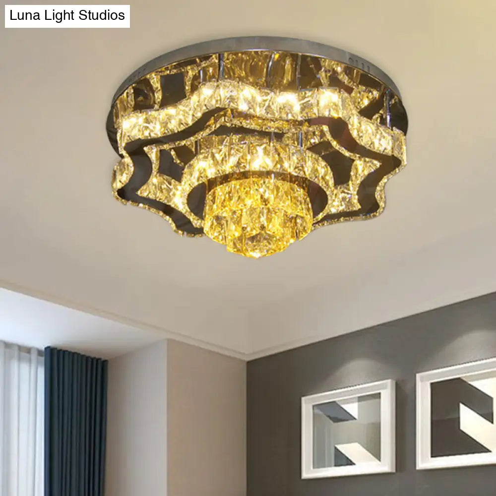 Modern Led Crystal Polished Chrome Semi Flush Ceiling Light With Tiered Scallops And Rectangle/Round