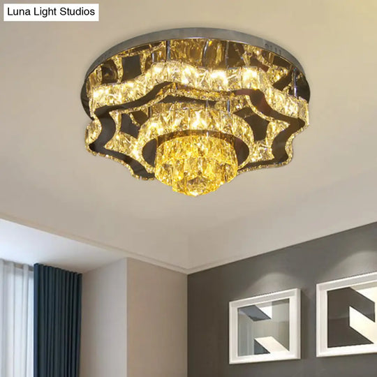 Modern Led Crystal Polished Chrome Semi Flush Ceiling Light With Tiered Scallops And Rectangle/Round