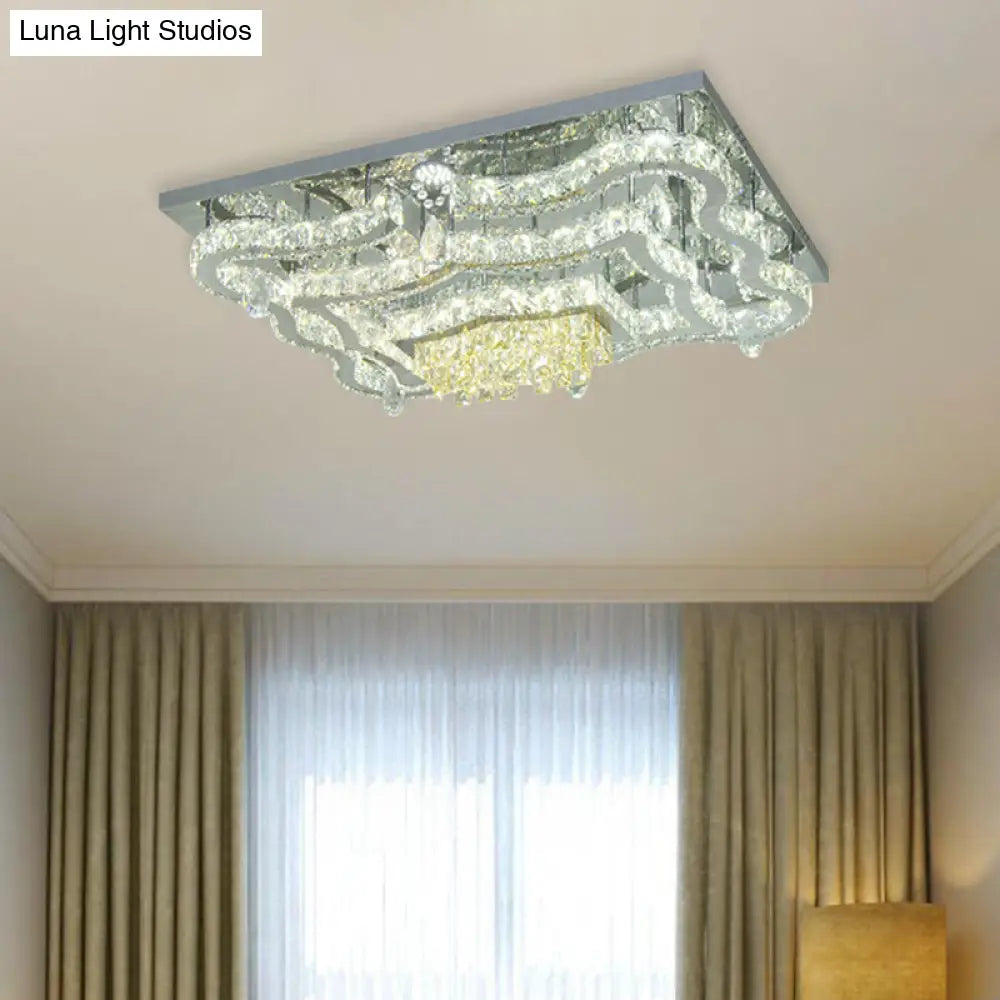 Modern Led Crystal Polished Chrome Semi Flush Ceiling Light With Tiered Scallops And Rectangle/Round