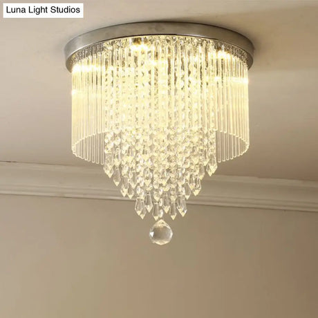Modern Led Crystal Shade Chrome Flushmount Light 8’/19.5’ Wide Cylinder Ceiling Lamp