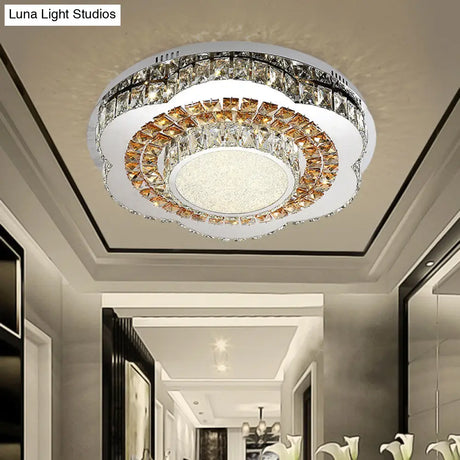 Modern Led Flower - Shaped Crystal Ceiling Mount Fixture In Chrome
