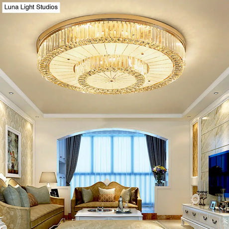 Modern Led Flush Ceiling Lamp With Clear Crystal Drum Shape For Living And Dining Room Lighting