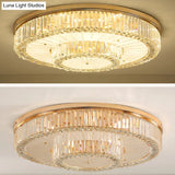 Modern Led Flush Ceiling Lamp With Clear Crystal Drum Shape For Living And Dining Room Lighting
