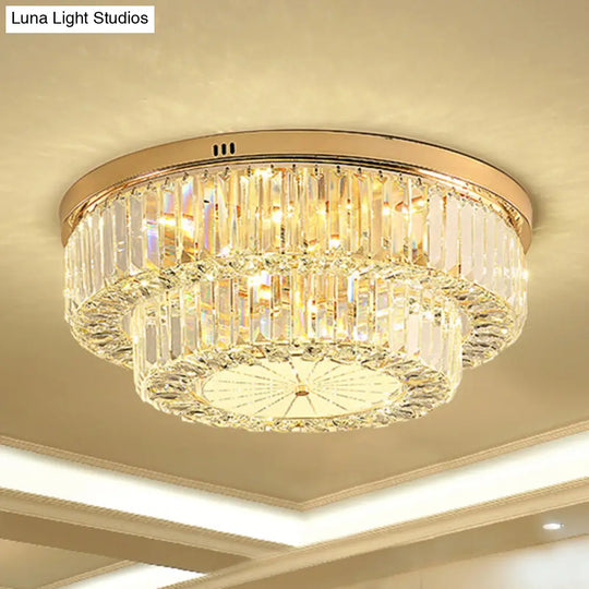 Modern Led Flush Ceiling Lamp With Clear Crystal Drum Shape For Living And Dining Room Lighting Gold