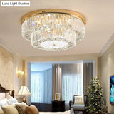 Modern Led Flush Ceiling Lamp With Clear Crystal Drum Shape For Living And Dining Room Lighting