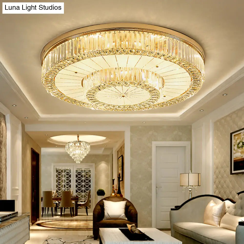 Modern Led Flush Ceiling Lamp With Clear Crystal Drum Shape For Living And Dining Room Lighting