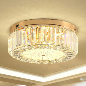 Modern Led Flush Ceiling Lamp With Clear Crystal Drum Shape For Living And Dining Room Lighting