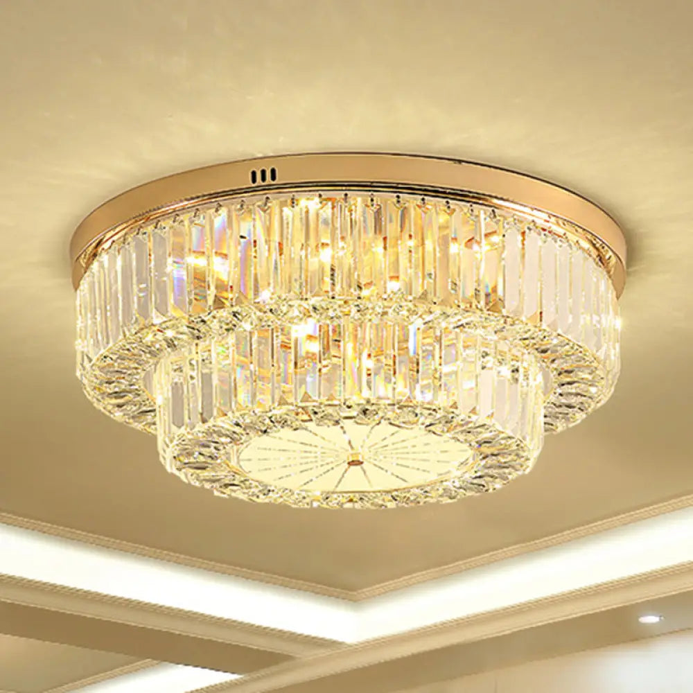 Modern Led Flush Ceiling Lamp With Clear Crystal Drum Shape For Living And Dining Room Lighting