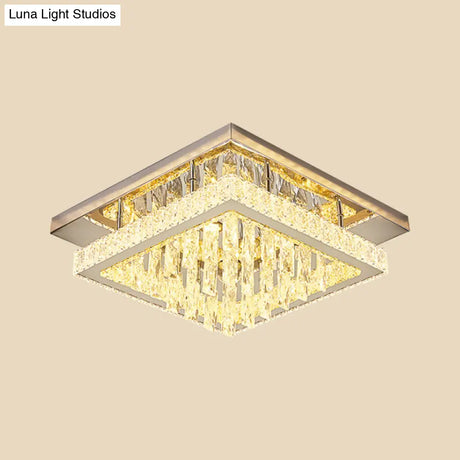 Modern Led Flush Mount Ceiling Light - Chrome Square Frame With Clear Crystal & Waterfall Design