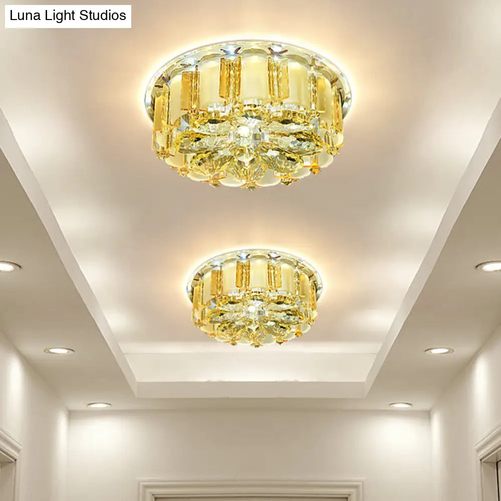 Modern Led Flush Mount Ceiling Light With Amber Crystal Flower Design