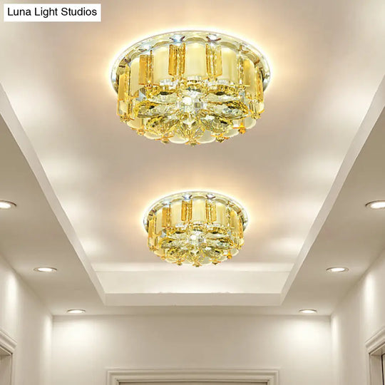 Modern Led Flush Mount Ceiling Light With Amber Crystal Flower Design